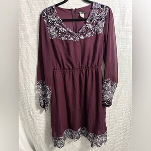 VENUS Women’s Maroon Floral Lace Long Sleeve Bohemian Hippie Dress Size 12